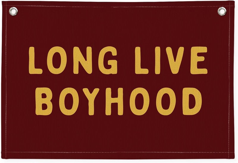 PLKMN Long Live Boyhood Linen Banner – Boys Room Wall Hanging, Playroom & Nursery Decor, Toddler Room Flag, Aesthetic Boys Bedroom Sign – Burgundy & Mustard Yellow - Image 1
